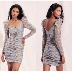 Saylor Lawren Dress Size Medium Floral Sequins Ruched Puff Shoulder Party Mini